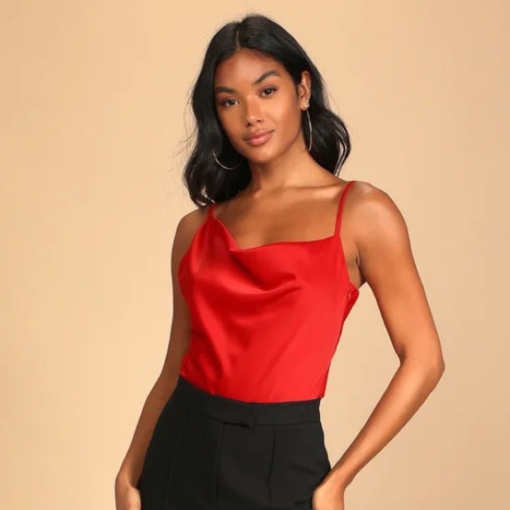 NEW Red Satin Asymmetrical Cowl Neck Bodysuit